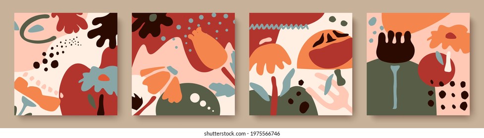 Big Set of Abstract backgrounds. Hand drawn doodle various shapes, leaves, face, spots, drops. Contemporary modern trendy Vector illustrations. Every background is isolated. Pastel colors