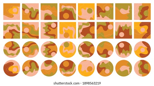 Big Set of Abstract backgrounds icons. Hand drawn doodle various shapes, lines, spots, drops, curves. Wavy round template for social networks stories and posts. Vector illustrations.