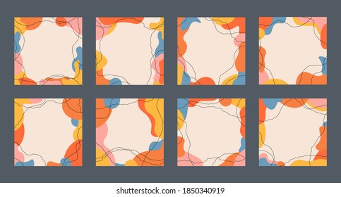 Big set of abstract banners. Contemporary boho covers, modern social media background with hand drawn doodle organic shapes. Minimalistic vector illustration