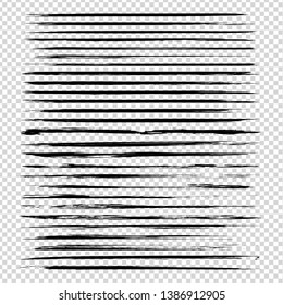 Big set of abstract black ink textured long thin strokes on imitation transparent background