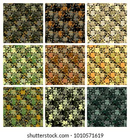 Big set of Abstract camouflage seamless pattern texture military repeats army green hunting clothes. Wallpaper for textile and fabric. Fashion style
