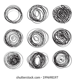 Big set of abstract chaotic round brush strokes sketch