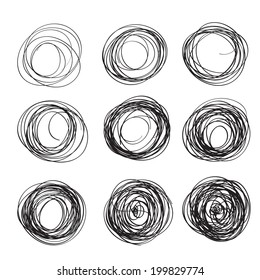 Big set of abstract chaotic round brush strokes sketch different density