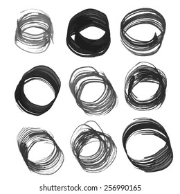 Big set abstract circular strokes with ink on a white background
