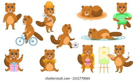 Big Set Abstract Collection Flat Cartoon Different Animal Beavers Vector Design Style Elements Fauna Wildlife