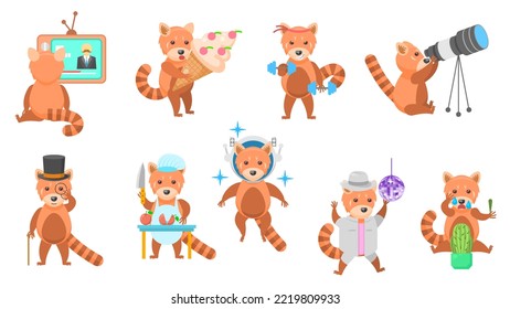 Big Set Abstract Collection Flat Cartoon Different Animal Red Pandas Vector Design Style Elements Fauna Wild