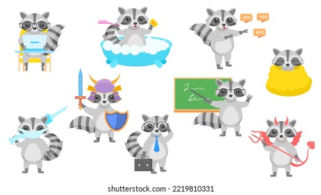 Big Set Abstract Collection Flat Cartoon Different Animal Raccoons Vector Design Style Elements Fauna Wildlife