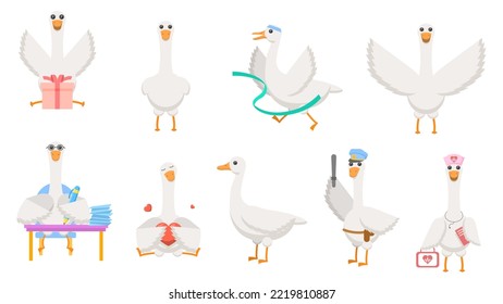 Big Set Abstract Collection Flat Cartoon Different Animal Birds Goose, Geese Vector Design Style Elements Fauna Wildlife