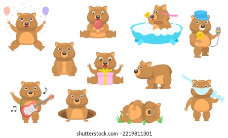 Big Set Abstract Collection Flat Cartoon Different Animal Wombats Vector Design Fauna Wildlife