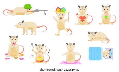 Big Set Abstract Collection Flat Cartoon Different Animal Opossums Vector Design Style Elements Fauna Wildlife