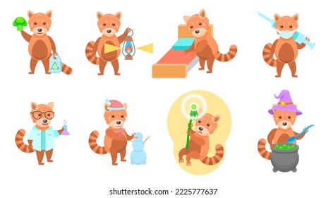 Big Set Abstract Collection Flat Cartoon Different Animal Red Pandas Vector Design Style Elements Fauna Wild