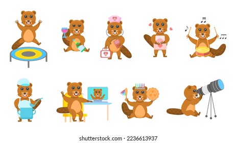 Big Set Abstract Collection Flat Cartoon Different Animal Beavers Vector Design Style Elements Fauna Wildlife