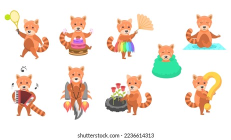Big Set Abstract Collection Flat Cartoon Different Animal Red Pandas Vector Design Style Elements Fauna Wild