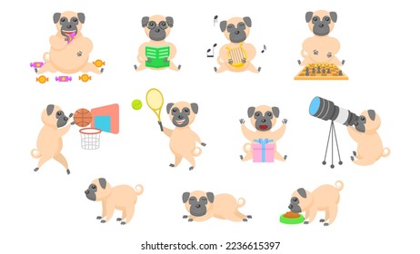 Big Set Abstract Collection Flat Cartoon Different Animal Pug Dogs Puppy Vector Design Style Elements Fauna Wildlife