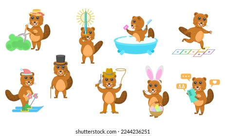 Big Set Abstract Collection Flat Cartoon Different Animal Beavers Vector Design Style Elements Fauna Wildlife