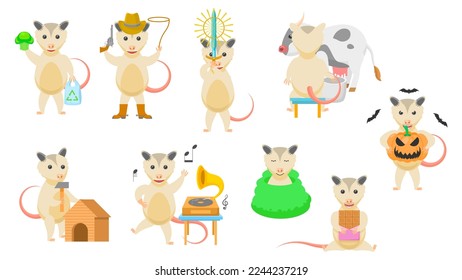 Big Set Abstract Collection Flat Cartoon Different Animal Opossums Vector Design Style Elements Fauna Wildlife