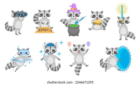 Big Set Abstract Collection Flat Cartoon Different Animal Raccoons Vector Design Style Elements Fauna Wildlife