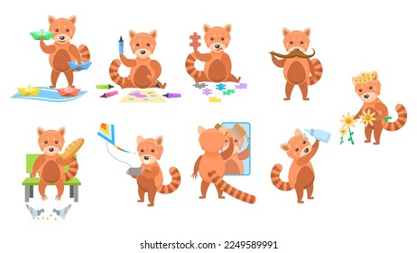 Big Set Abstract Collection Flat Cartoon Different Animal Red Pandas Vector Design Style Elements Fauna Wild