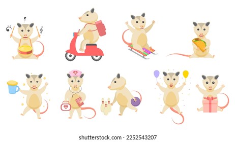 Big Set Abstract Collection Flat Cartoon Different Animal Opossums Vector Design Style Elements Fauna Wildlife