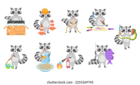 Big Set Abstract Collection Flat Cartoon Different Animal Raccoons Vector Design Style Elements Fauna Wildlife