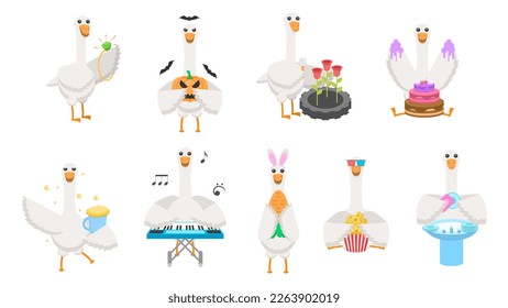 Big Set Abstract Collection Flat Cartoon Different Animal Birds Goose, Geese Vector Design Fauna Wildlife