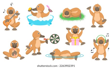 Big Set Abstract Collection Flat Cartoon Different Animal Platypus Duckbill Vector Elements Fauna Wildlife