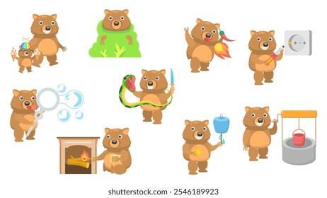 Gran conjunto de Colección Abstractas plana de dibujos animados diferentes animales Wombats Diseño de Vector Fauna Vida Silvestre