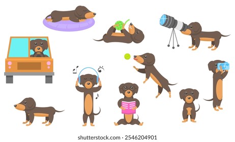 Big Set Abstrakte Kollektion Flat Cartoon Verschiedene Tier Dachshunds Hunde Vektor Design Stil Elemente Fauna Tierwelt