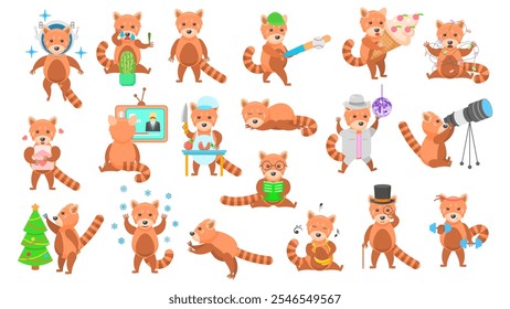 Big Set Abstract Collection Flat Cartoon Different Animal Red Pandas Vector Design Style Elements Fauna Wild