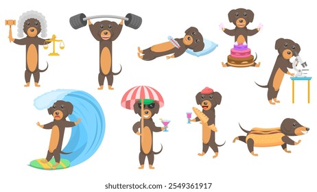 Big Set Abstract Collection Flat Cartoon Different Animal Dachshunds Dogs Vector Design Style Elements Fauna Wildlife