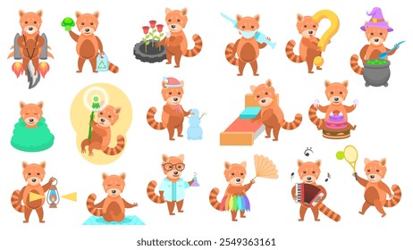 Big Set Abstract Collection Flat Cartoon Different Animal Red Pandas Vector Design Style Elements Fauna Wild