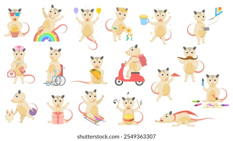 Big Set Abstract Collection Flat Cartoon Different Animal Opossums Vector Design Style Elements Fauna Wildlife