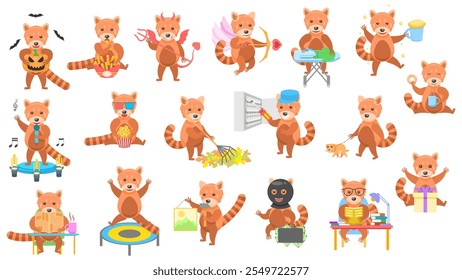 Big Set Abstract Collection Flat Cartoon Different Animal Red Pandas Vector Design Style Elements Fauna Wild