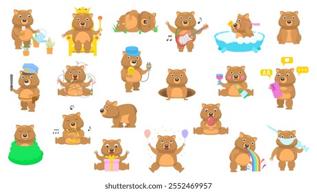 Big Set Abstract Collection Flat Cartoon Different Animal Wombats Vector Design Fauna Wildlife