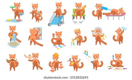 Big Set Abstract Collection Flat Cartoon Different Animal Red Pandas Vector Design Style Elements Fauna Wild