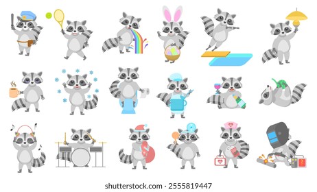 Big Set Abstract Collection Flat Cartoon Different Animal Raccoons Vector Design Style Elements Fauna Wildlife