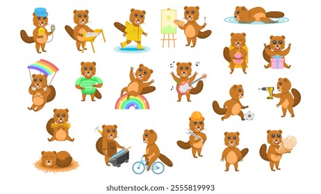 Big Set Abstract Collection Flat Cartoon Different Animal Beavers Vector Design Style Elements Fauna Wildlife