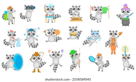 Big Set Abstract Collection Flat Cartoon Different Animal Raccoons Vector Design Style Elements Fauna Wildlife