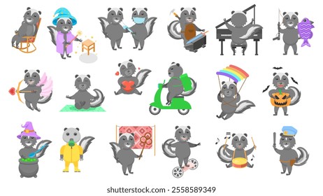 Big Set Abstract Collection Flat Cartoon Different Animal Skunk Vector Design Style Elements Fauna Wildlife