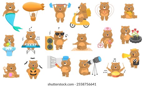 Big Set Abstract Collection Flat Cartoon Different Animal Wombats Vector Design Fauna Wildlife