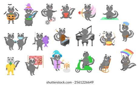 Big Set Abstract Collection Flat Cartoon Different Animal Skunk Vector Design Style Elements Fauna Wildlife