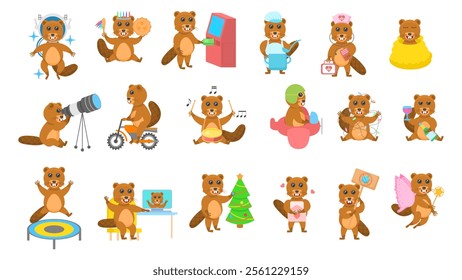 Big Set Abstract Collection Flat Cartoon Different Animal Beavers Vector Design Style Elements Fauna Wildlife