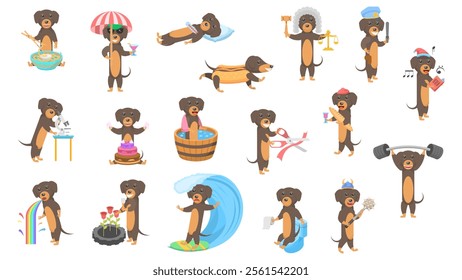 Big Set Abstract Collection Flat Cartoon Different Animal Dachshunds Dogs Vector Design Style Elements Fauna Wildlife