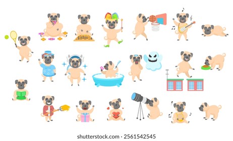 Big Set Abstract Collection Flat Cartoon Different Animal Pug Dogs Puppy Vector Design Style Elements Fauna Wildlife