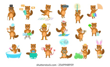 Big Set Abstract Collection Flat Cartoon Different Animal Beavers Vector Design Style Elements Fauna Wildlife