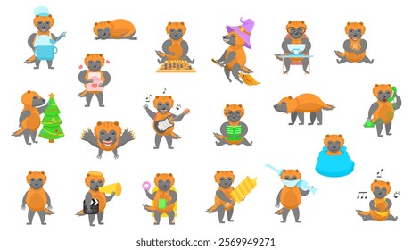 Big Set Abstract Collection Flat Cartoon Different Animal Wolverines Vector Design Style Elements Fauna Wildlife