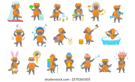 Big Set Abstract Collection Flat Cartoon Different Animal Wolverines Vector Design Style Elements Fauna Wildlife