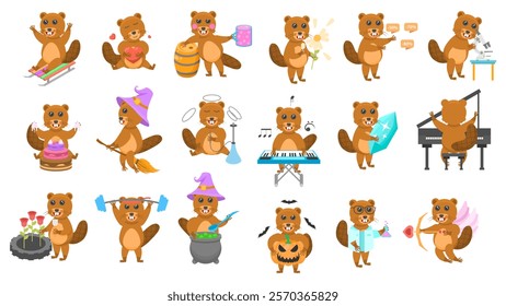 Big Set Abstract Collection Flat Cartoon Different Animal Beavers Vector Design Style Elements Fauna Wildlife