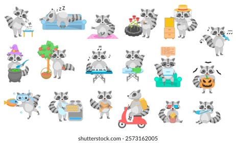 Big Set Abstract Collection Flat Cartoon Different Animal Raccoons Vector Design Style Elements Fauna Wildlife