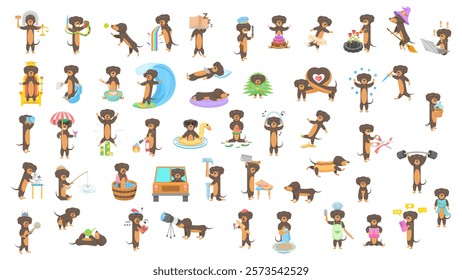 Big Set Abstract Collection Flat Cartoon Different Animal Dachshunds Dogs Vector Design Style Elements Fauna Wildlife